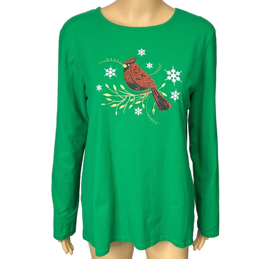 Womens XL 16-18 Christmas Red‎ Glitter Cardinal Snowflake Green Blouse Shirt